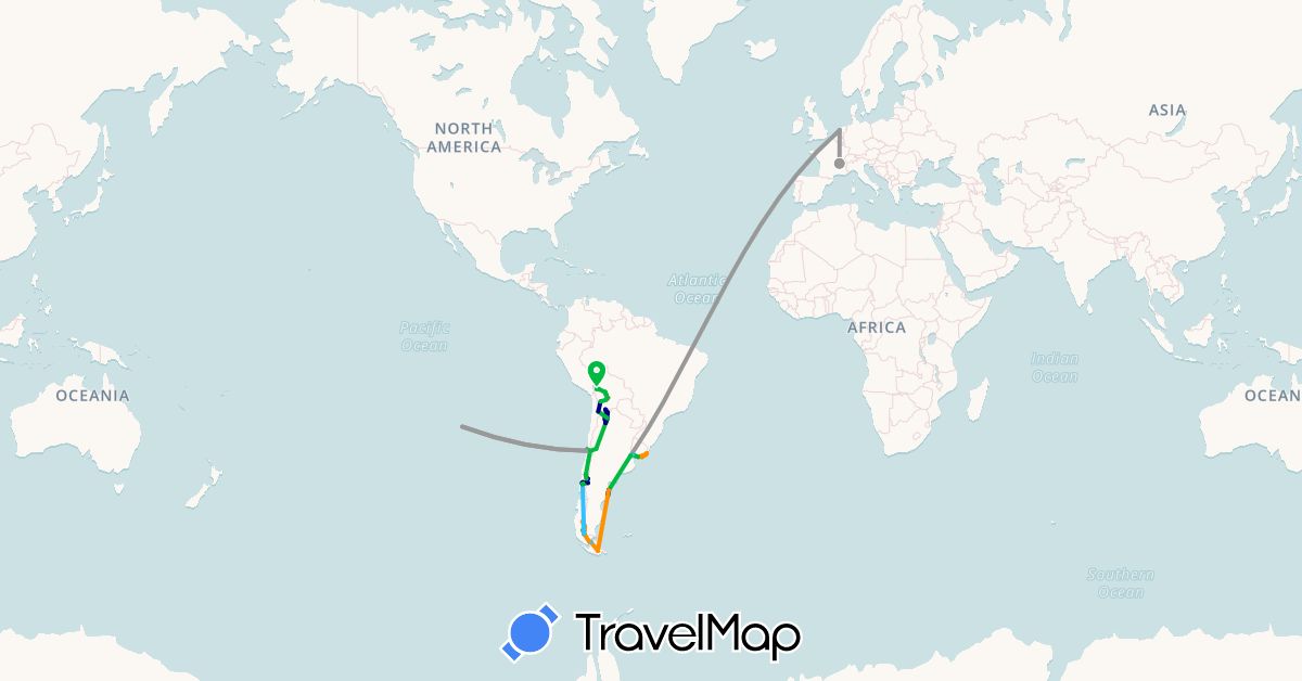 TravelMap itinerary: driving, bus, plane, cycling, hiking, boat, hitchhiking in Argentina, Bolivia, Chile, France, Netherlands, Uruguay (Europe, South America)